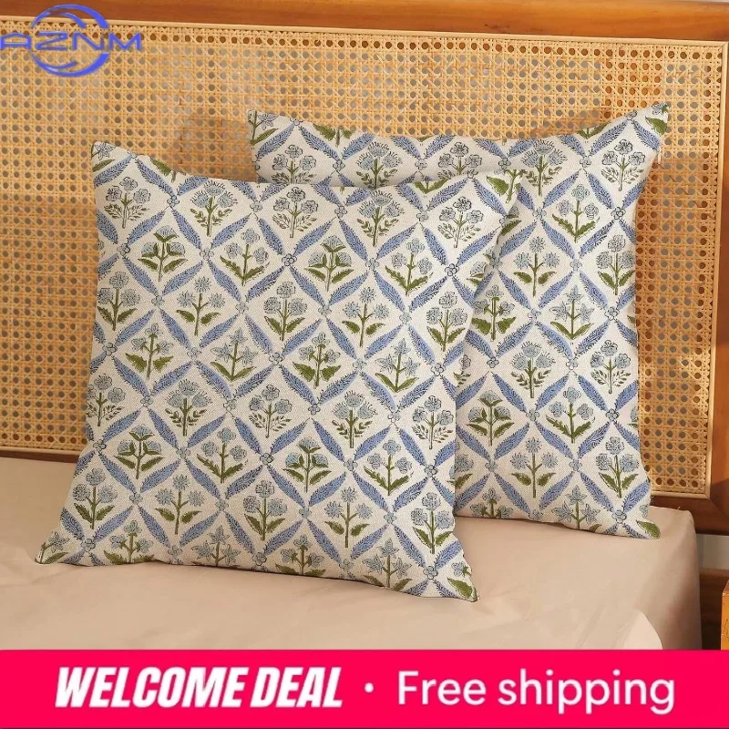 1pc Boho Blue & Green Floral Diamond Pillow Cover, 2D Double-Sided Print Polyester Throw Pillow Case, Block Print Style Decor, C
