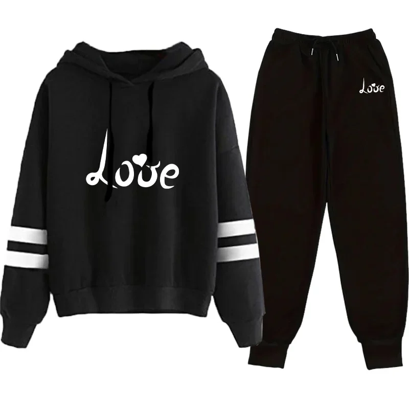 2025 Hot Sale Womens Tracksuit Hooded Sweatshirt Black Sweatpants Love Print Hoodie Jogger Set Autumn Winter Casual Sport Outfit