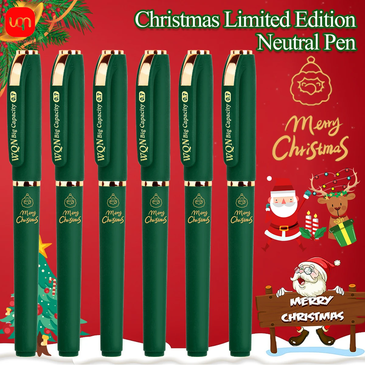 WQN-3/6/12PCS Green Christmas 0.7mm Pen Tip Gel Pen Business Office Student Stationery New School Supplies