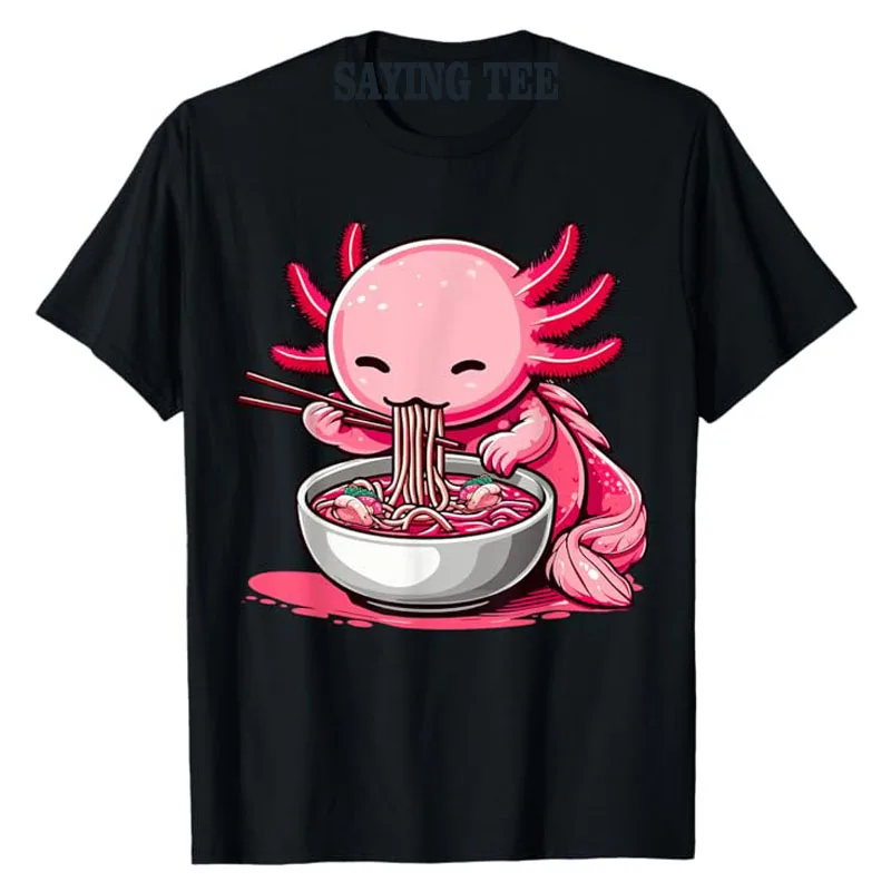 Anime Kawaii Axolotl Eating Ramen Noodles Kids Teen Girl Boy T-Shirt Cute Artwork Axolotl Lover Graphic Top Japanese Cartoon Tee