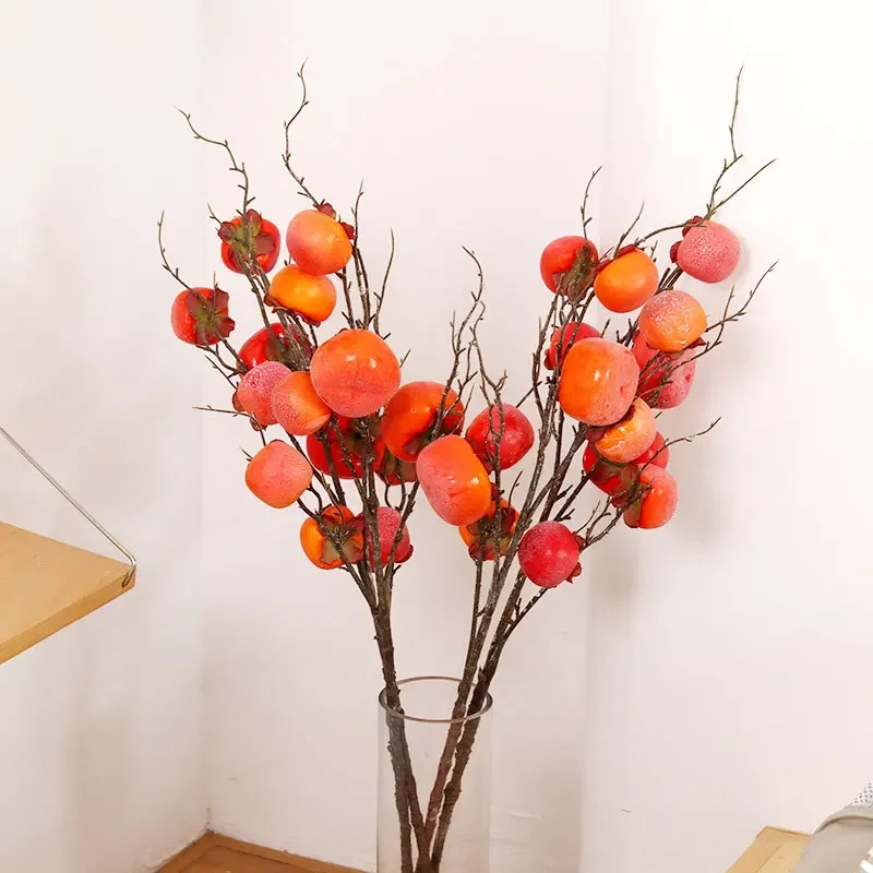 96CM  Frost-tipped Artificial Persimmon Branch Realistic Simulated Plant for Traditional Chinese Themed Decor