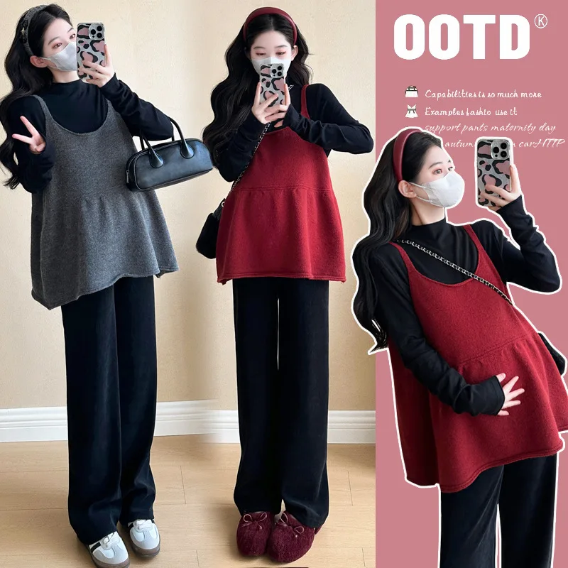 

Korean Style Petite Maternity Set Autumn Fashionable 3-Piece Outfit Sleeveless Top with Long Pants Youthful Trendy Ensemble