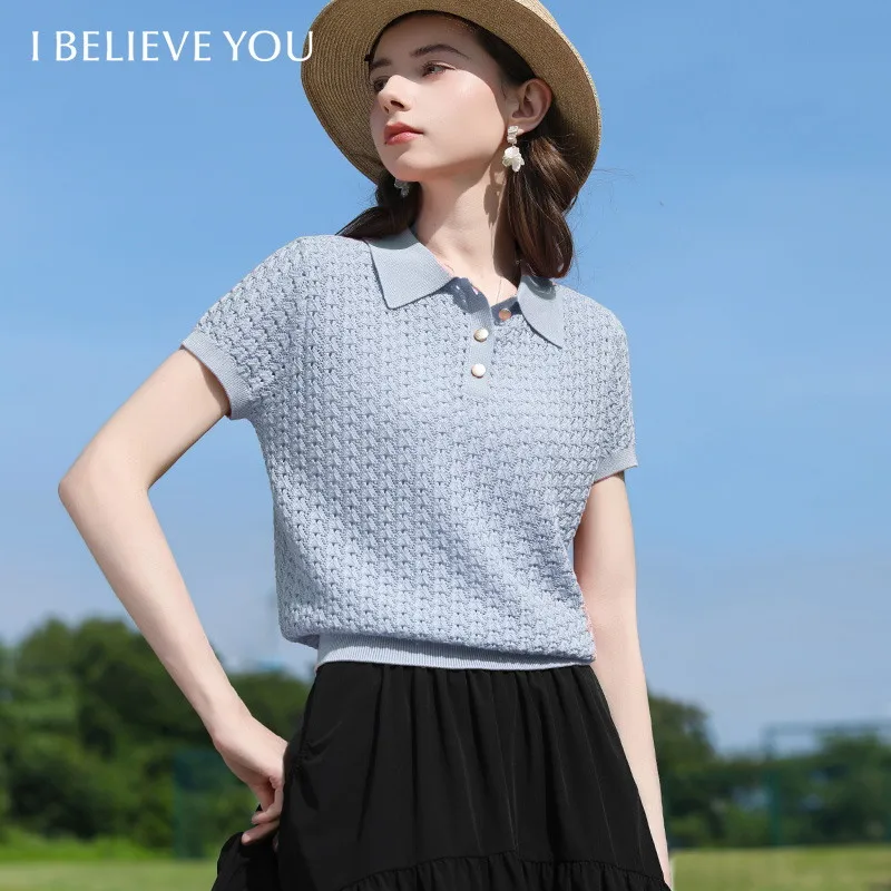 

I BELIEVE YOU Solid Color Loose Polo Knitted Shirt For Women 2026 Summer New Hollow Leisure Breathable Pullover Top 2261146256