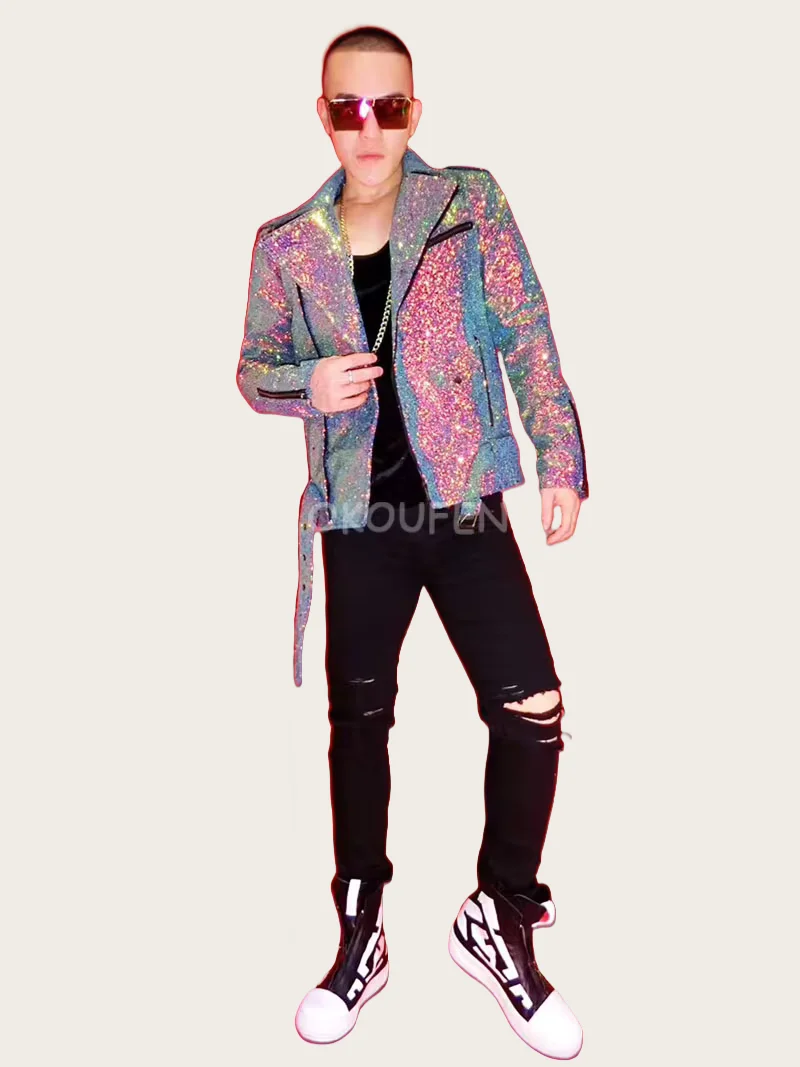 NightClub Male Singer DJ Colorful Motorcycle Leather Jackets Costumes Party Stage Show Performance Coat