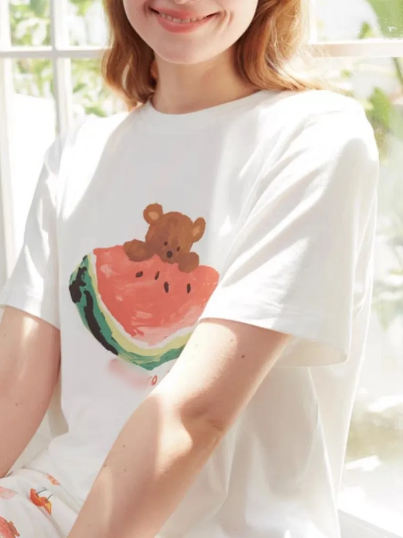 Sweet Cute Summer New Arrival Modal Fruit Bear Short Sleeve Shorts Sleepwear Home Clothes Set Can Be Worn outside round Neck ...