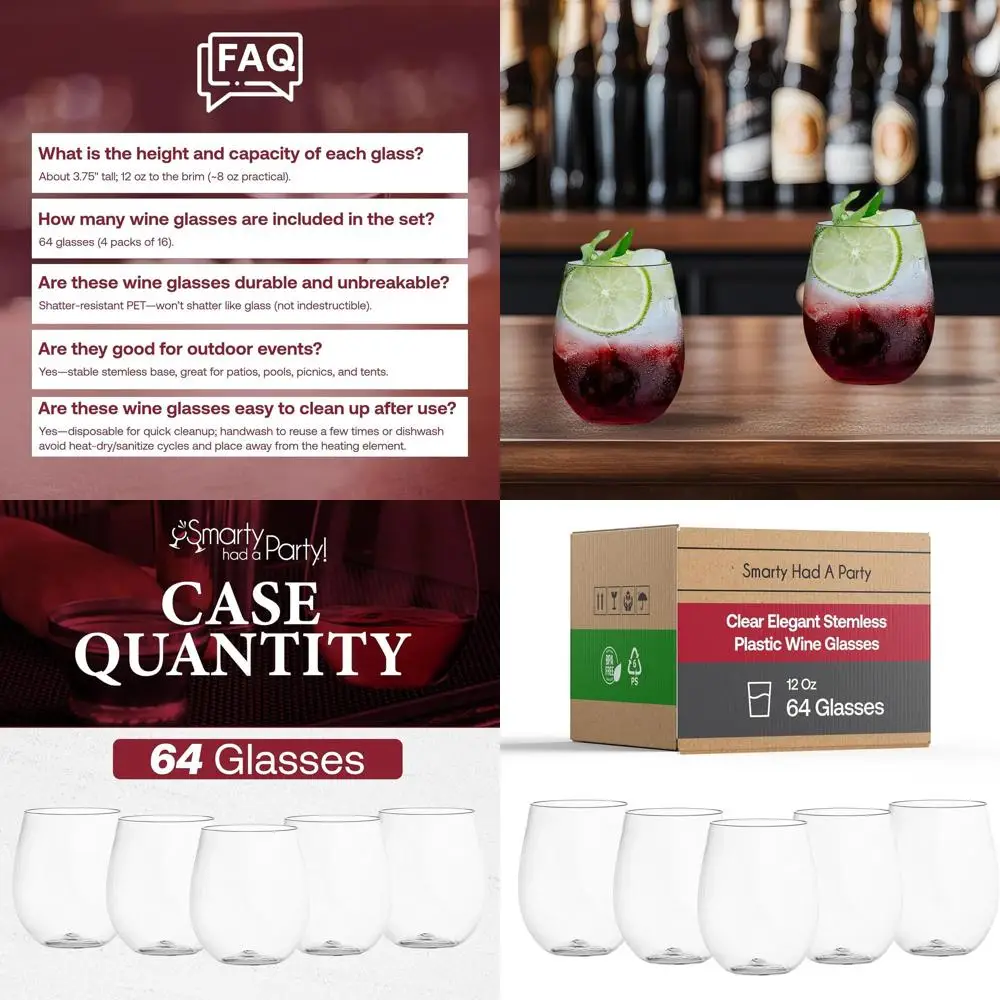 

12 oz Clear Plastic Stemless Wine Glasses - Disposable Cups for Weddings, Birthdays, and Parties