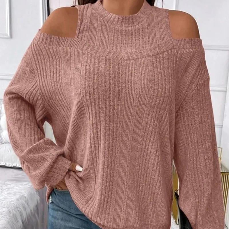 Suéter acampanado de Cachemira para mujer, Camiseta de punto de manga larga con cuello redondo, hombros descubiertos, Tops sueltos de oficina, Otoño