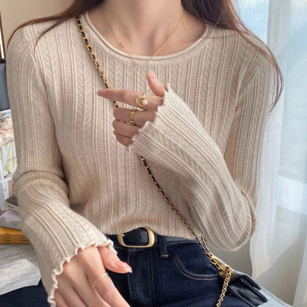 Gegolfde rand Gebreide kleding met lange mouwen Slim Fit Pullover Sweater Top Dieptepunt Shirt Lente Herfst Winter Gebreide top voor dames