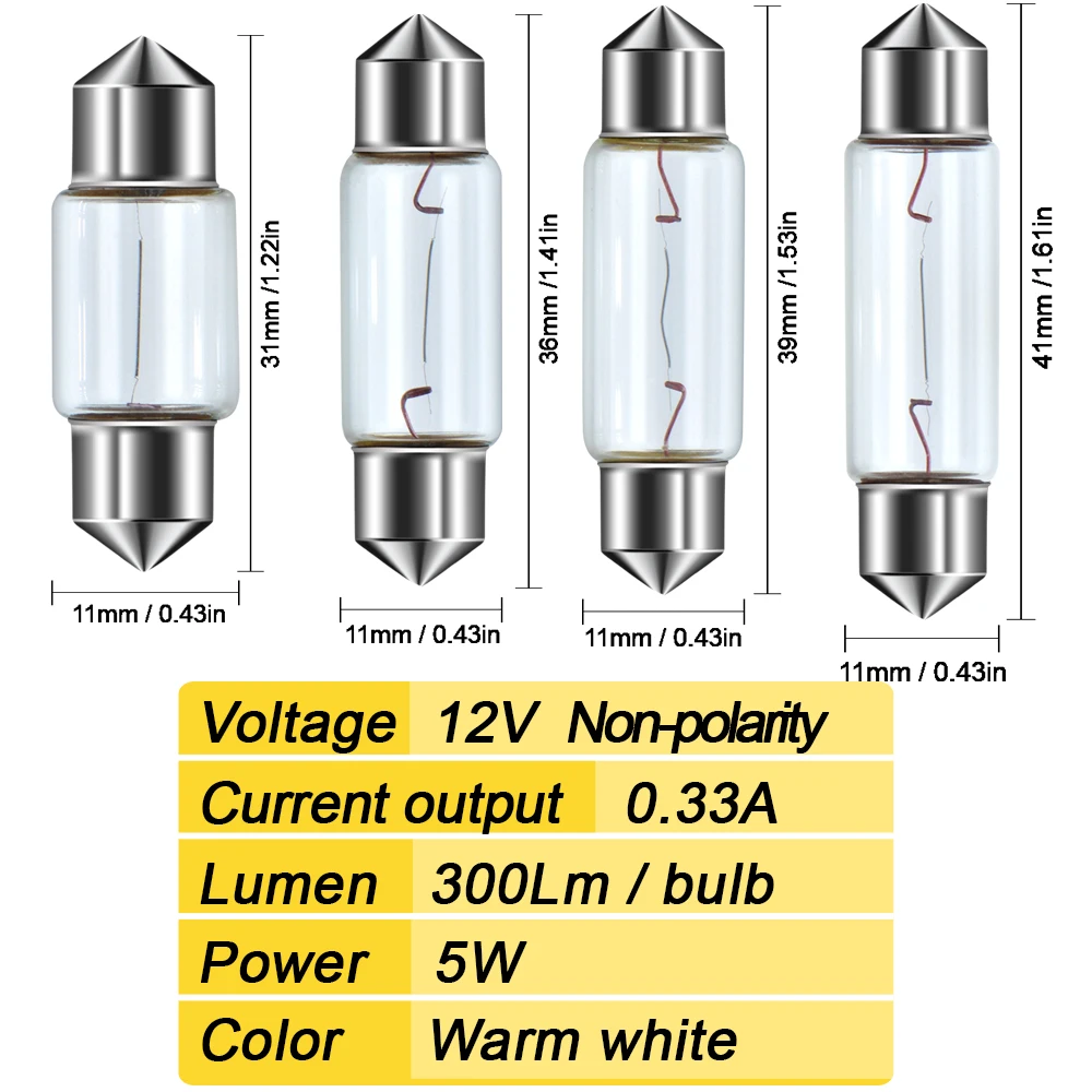 Ruiandsion C5W C10W 31/36/39/41mm Car 12V Reading Interior Light Auto Truck 24V License Plate Trunk Dome Halogen Lamp Warm White