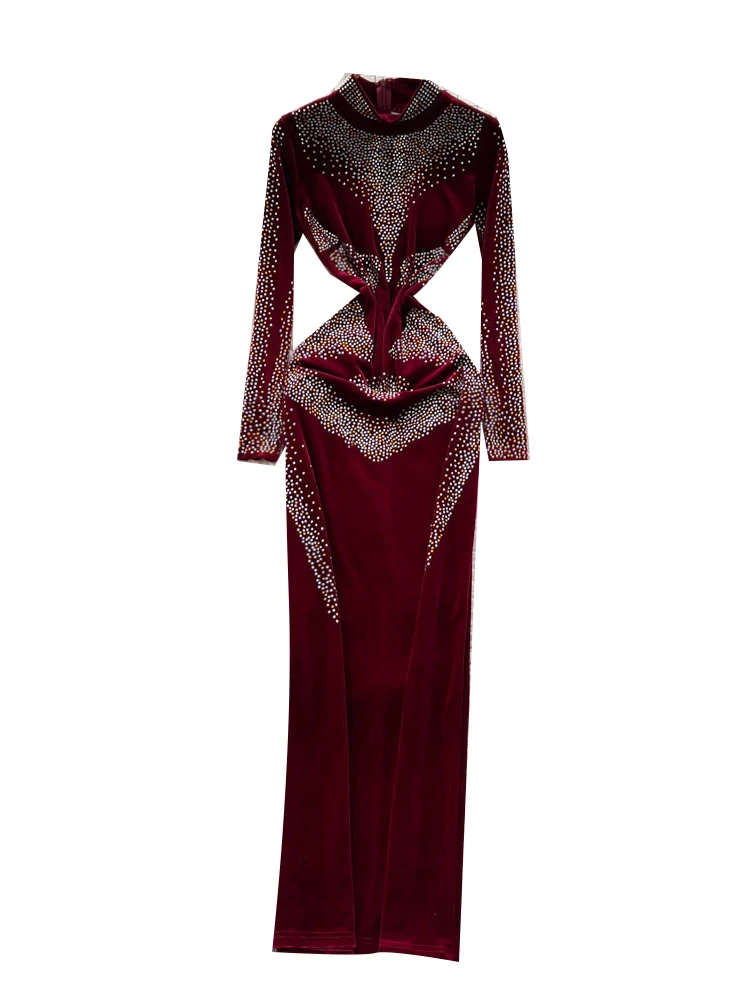 Robe de soirée longue en velours pour femme, ornée de diamants, effet amincissant, coupe enveloppante, taille haute, jupe trapèze