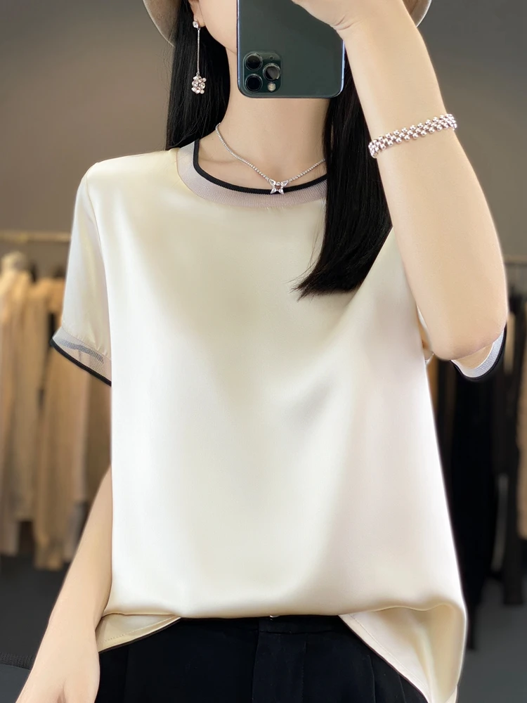 Women's silk Oversized T- Shirt O Neck Casual satin Tees Summer Solid Champagne Loose T-Shirt Fashion New Style Slim Thin StyleT