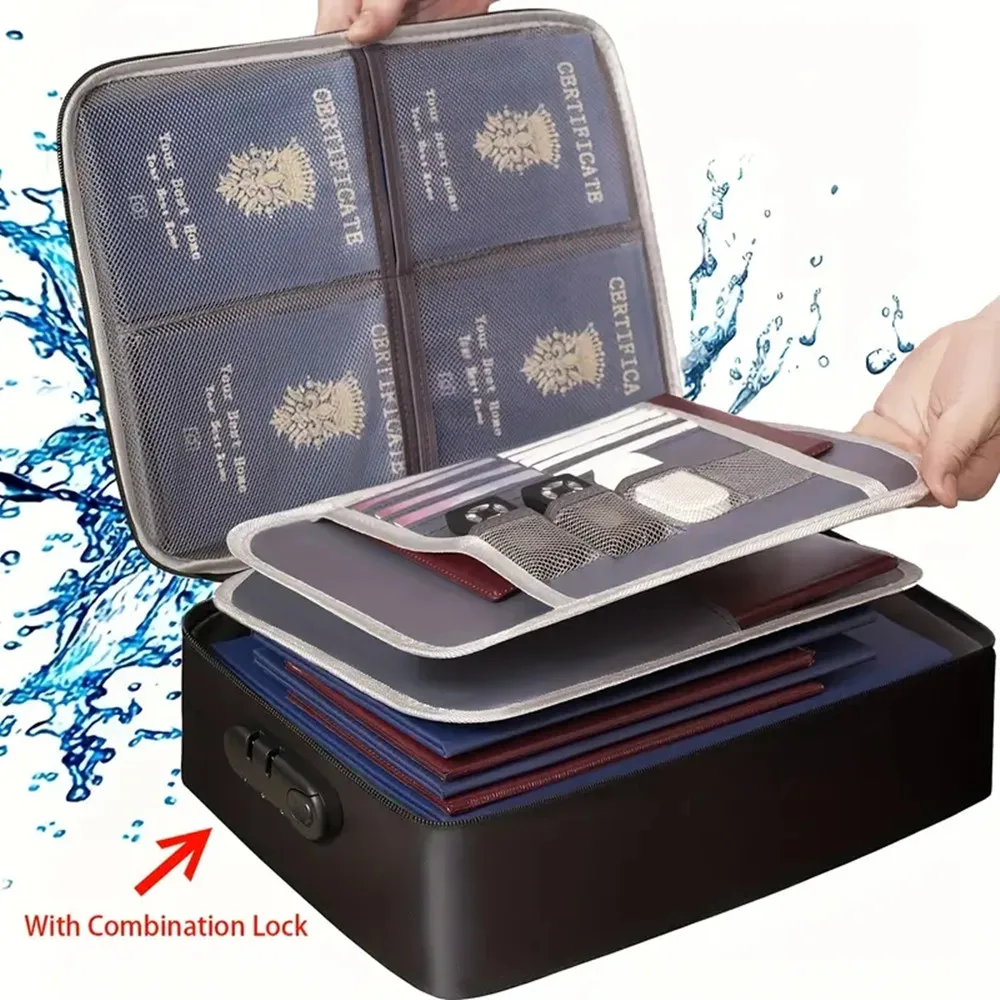 Black lockable file bag with waterproof zipper, three-layer file storage box, safe and portable travel and home organization bag