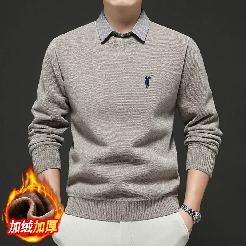 

2025 Новый зимний мужской бархатный свитер из двух частей с кристаллами и толстым бархатным повседневным теплым вязаным базовым свитером