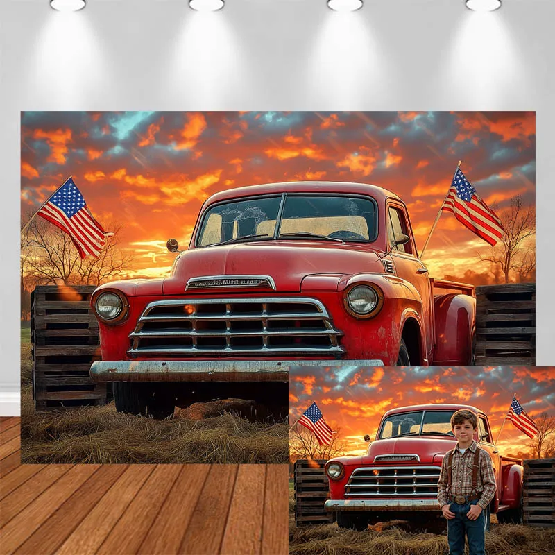 

LS Independence Day Photography Background Red Car Flag Wooden Crates Grass Decor Adult Kids Portrait Photo Backdrop Studio