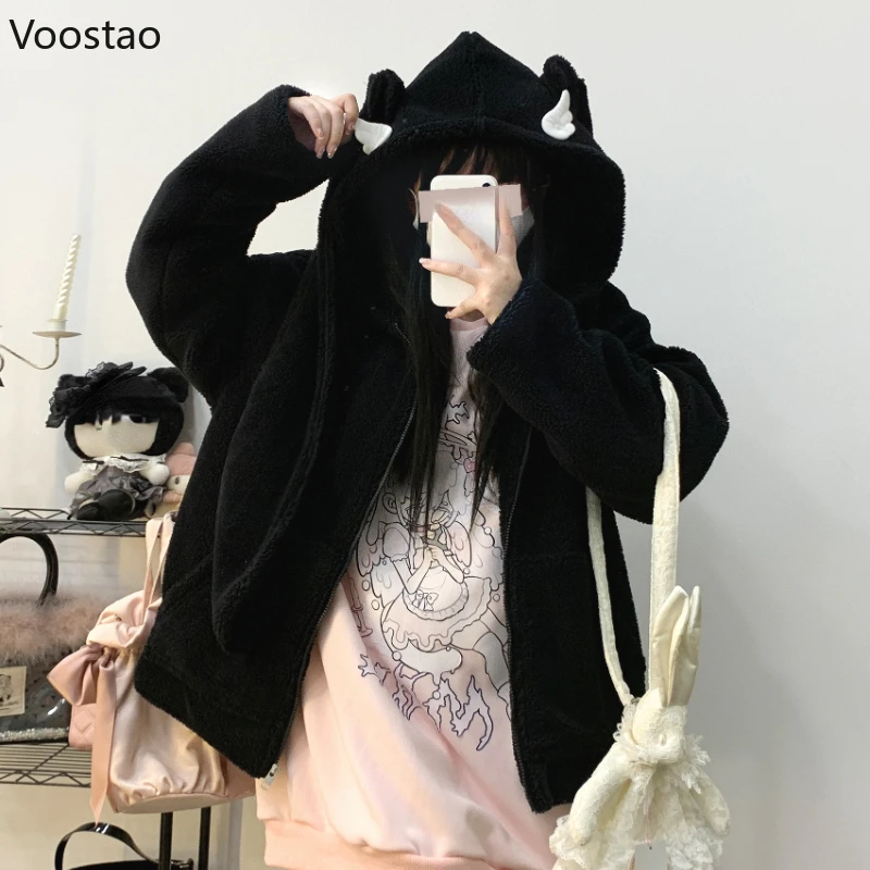 Autumn Winter Women Sweet Warm Jacket Y2k Cute Lambswool Embroidery Bunny Ears Hooded Coats Girls Parkas Outwear Zipper Hoodies