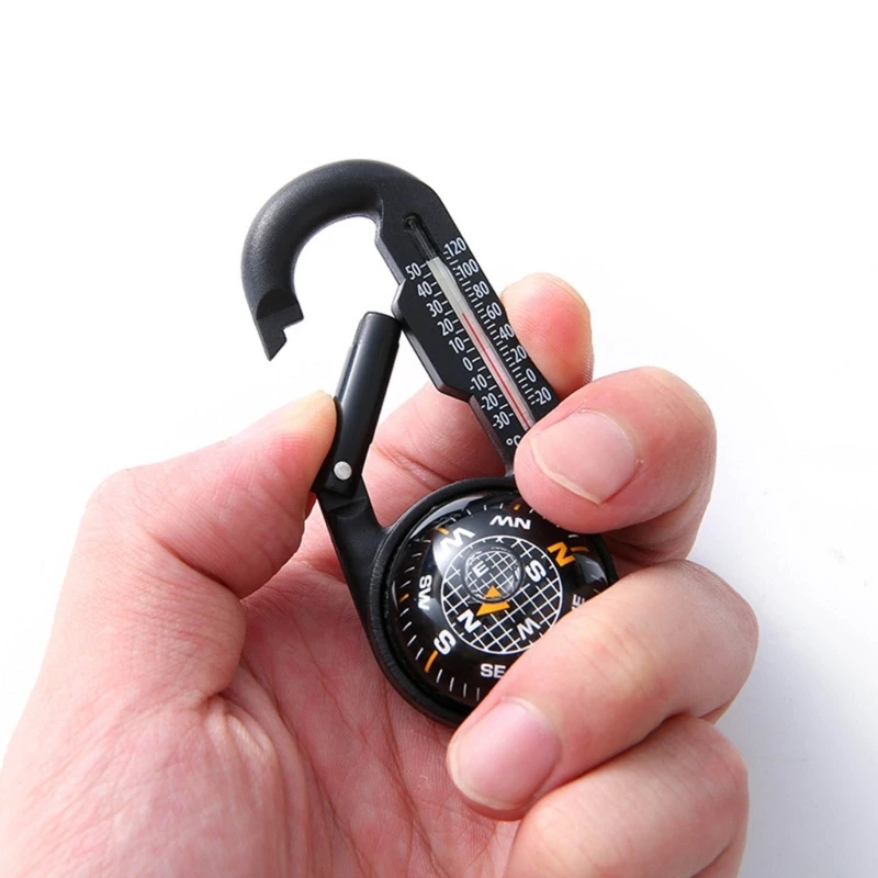 Mini Compass Carabiner Clip Convenient Outdoor Survival Tool with Built in Thermometer Pocket-Sized Waterproof keychain Y08E