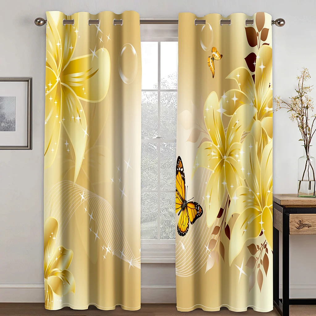 3D Curtain Printing Blockout Polyester Photo Drapes Fabric gold flower lily currtains 3D Blackout Curtains For Living room