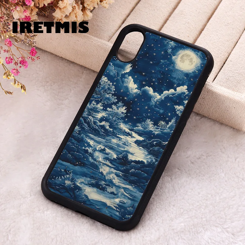 Iretmis Phone Cover Case For iPhone X XS Max XR 11 12 13 PRO MINI 14 15 16 Plus Celestial Blue Moon Sky Stars Night Forest