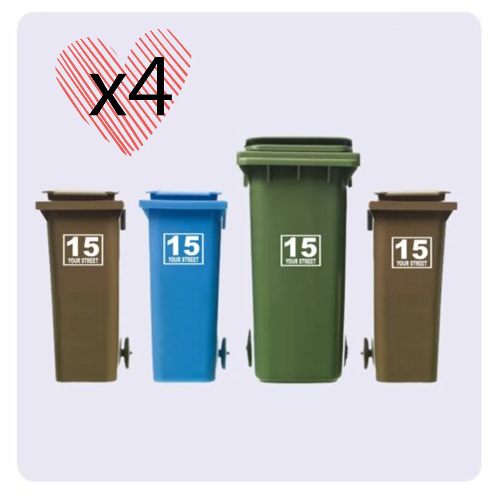 4 x WHEELIE BIN NUMBERS CUSTOMIZED VINYL STICKERS WITH STREET/ROAD/HOUSE NAME