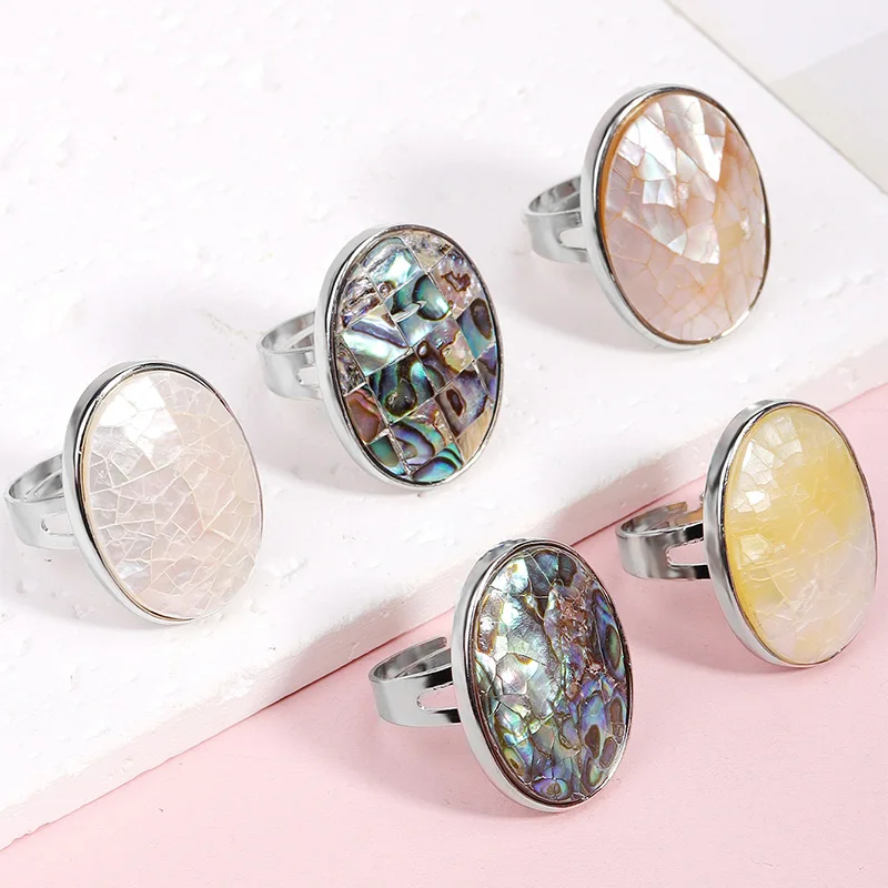 Silver Color  Natural Paua Shell Finger Rings for Men Girl Mother of Pearl Abalone Shell Colorful Yellow Summer Ring Gift F853