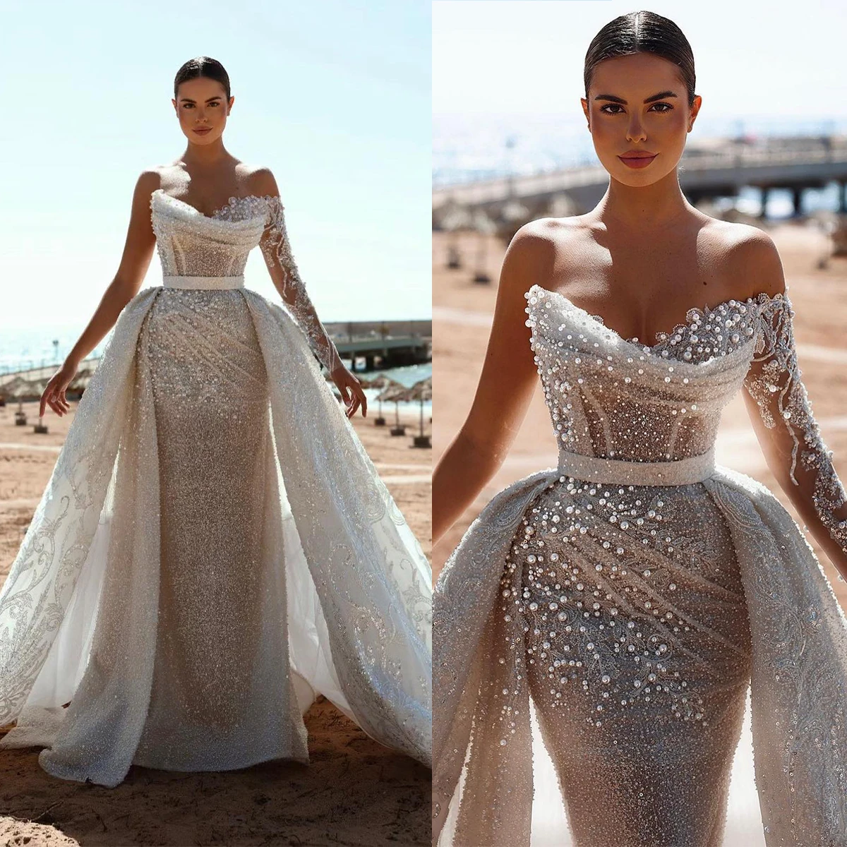 

One Shoulder Mermaid Wedding Dresses Glitter Sequined Lace Bridal Gown Pearls Formal Trumpet Dress Detachable Train