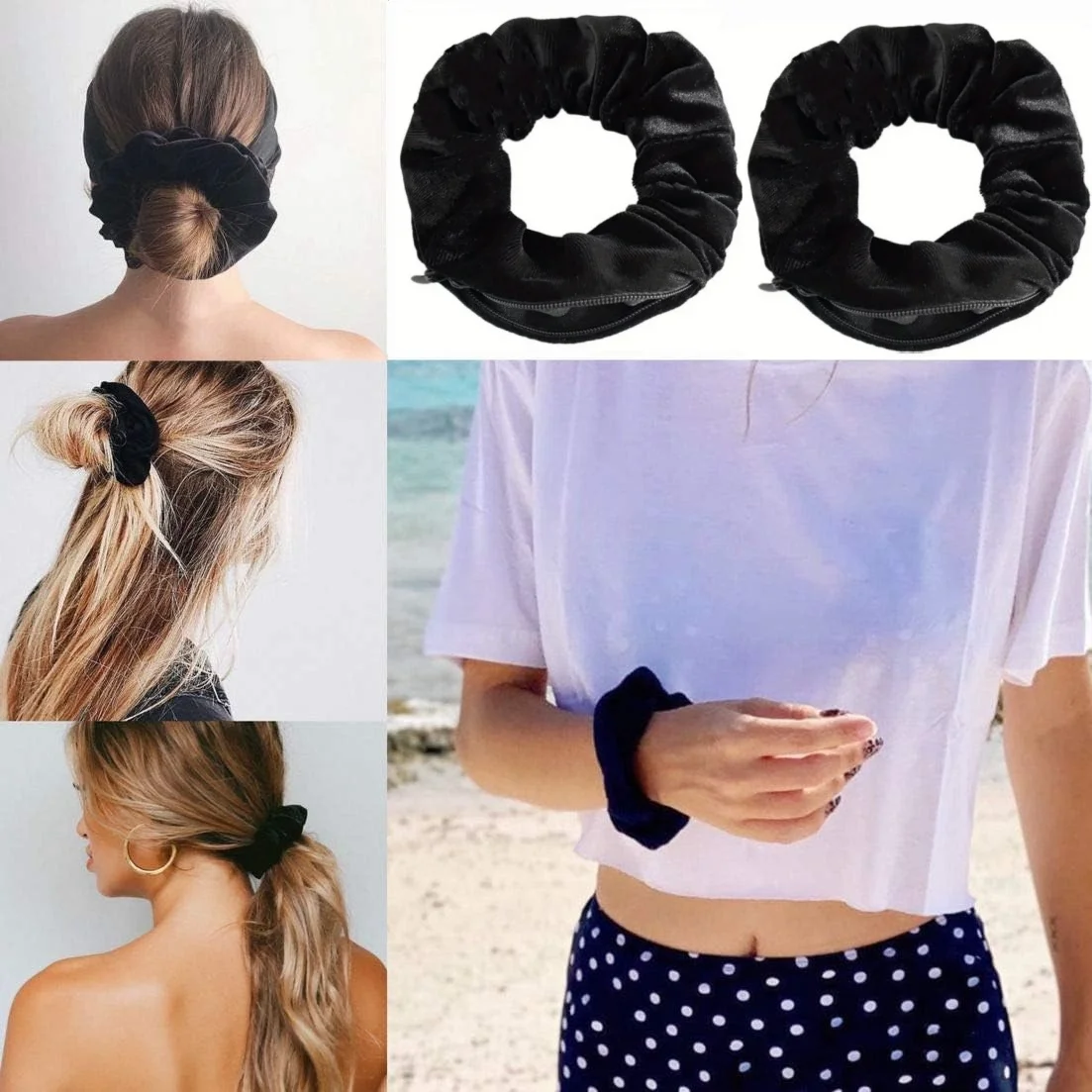 Velvet Hair Scrunchie Soft Elastic Hair Tie Hidden Safe Sight Secret Hair Rope Key Cash Jewelry Storage Case for Travel Outdoor view 6