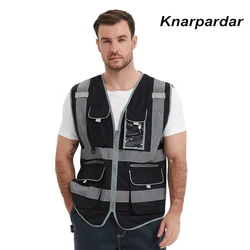 Knarpardar-Chaleco de seguridad reflectante para hombres, chaleco de trabajo negro con múltiples bolsillos y cremalleras para construcción, 9 unidades