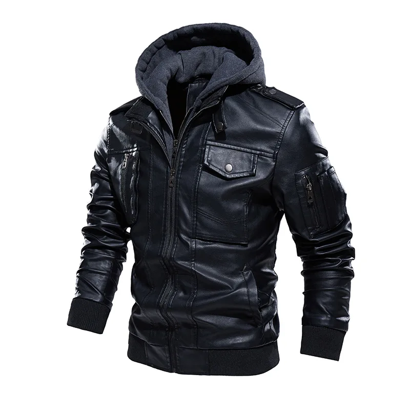 

New US Coat Men’s Casual Stand Collar PU Faux Leather Jacket Zip-Up Motorcycle Bomber Jacket Removable Hood Lapel Slim Fit Coat