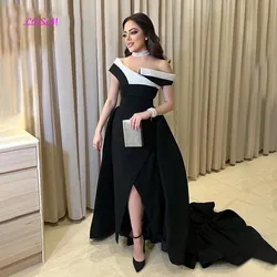 A-Line Black Satin Evening Dress Off The Shoulder Beads Collar Sweep Train Saudi Arabia Long Prom Dress Slit Side Formal Gowns