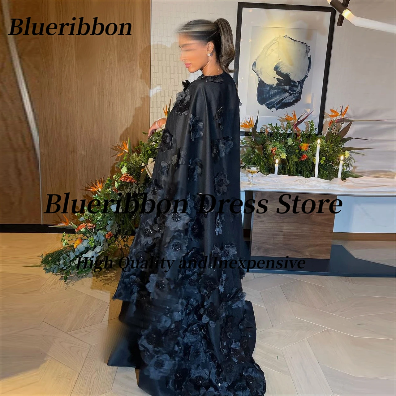 Blueribbon Women's Evening Dress Strapless Zipper Back Prom Dresses with Handmade Flowers Wraps Formal Occasion Party Gowns