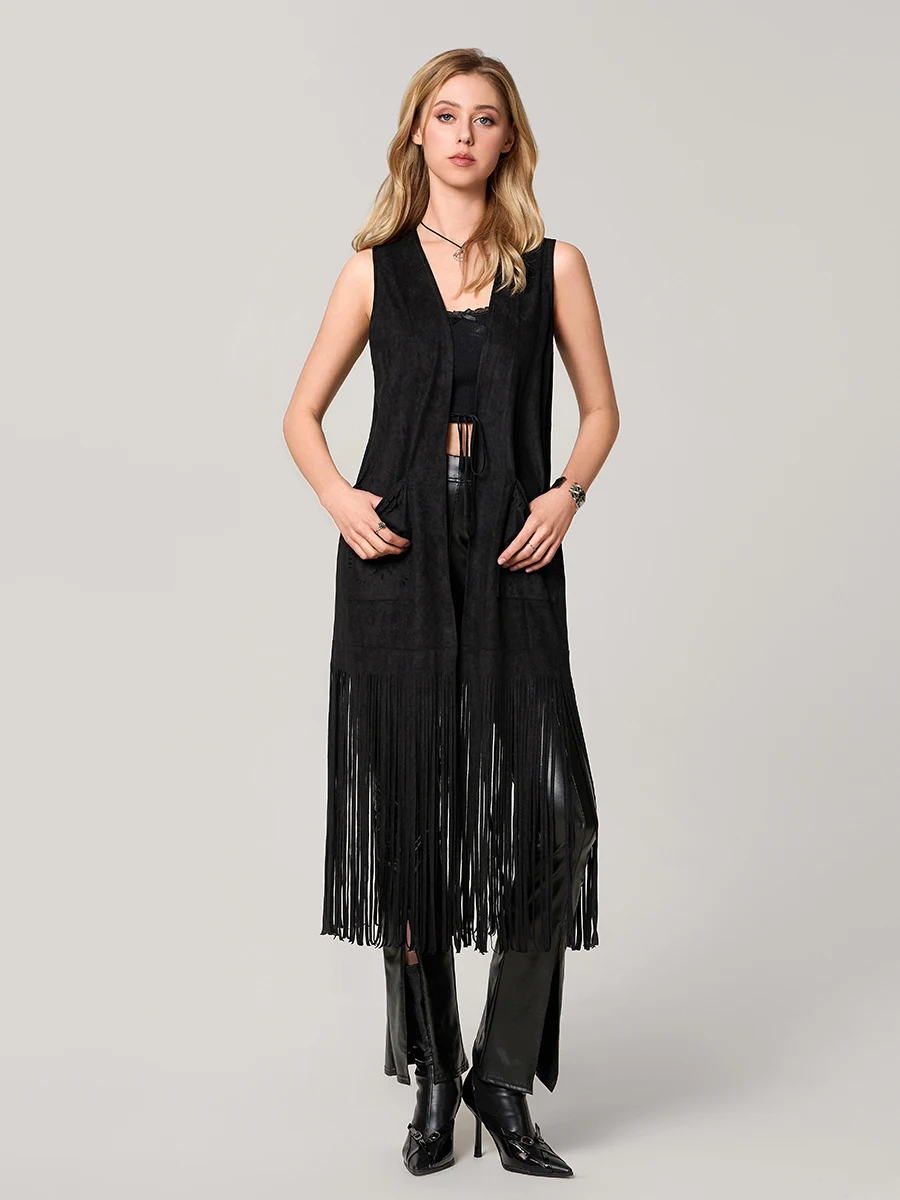 Womens Vintage Western Fringe Vest Tops Classic Suede Leather 70s Cowgirl Shirt Sleeveless Tassels Long Cardigan Jackets Coat