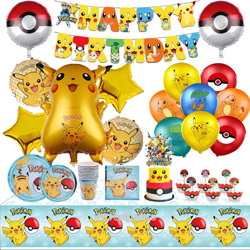 Decoraciones de fiesta de cumpleaños de Pokémon, globos de papel de aluminio de Pikachu, vajilla desechable, plato, servilleta, telón de fondo para