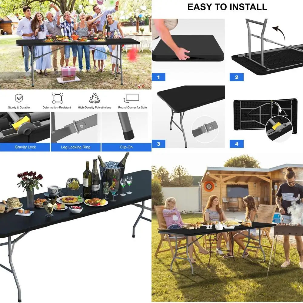 

8ft Plastic Folding Table, Portable Heavy-Duty with Lock and Carry Handle, Ideal for Outdoor and Indoor Use, White