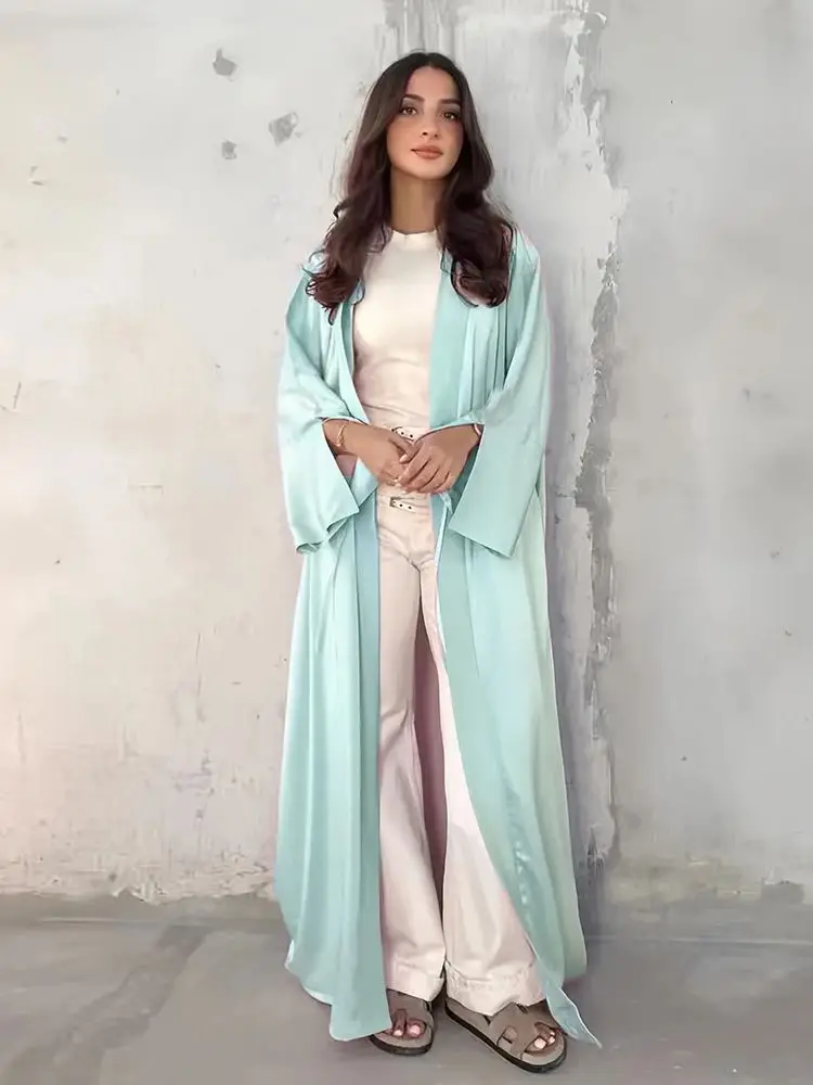 Meisje Moslim Palestine Kaftan Jurk Open Satijn Kimono Roze Abaya Vrouwen Dubai Kleding Kebaya Robe Kaftan Marocain Femme Musulmane