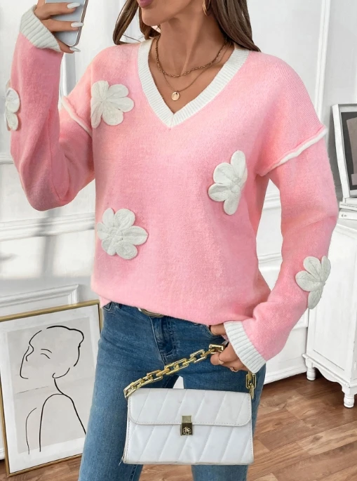 Fashionable Autumn Sweater Temperament Commuting Casual Sweater Long Sleeved V-Neck Applique Pink Sweater for Women