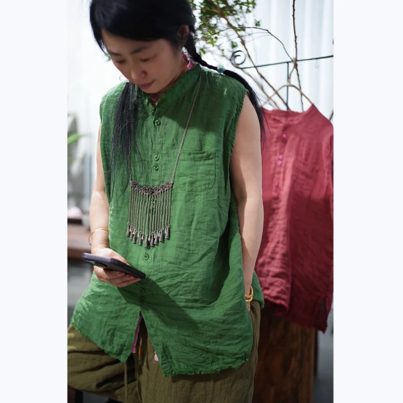 

Винтажная однотонная свободная туника-топ на одной пуговице из хлопка и льна, женская блузка без рукавов, летняя рубашка с разрезом, повседневная сорочка