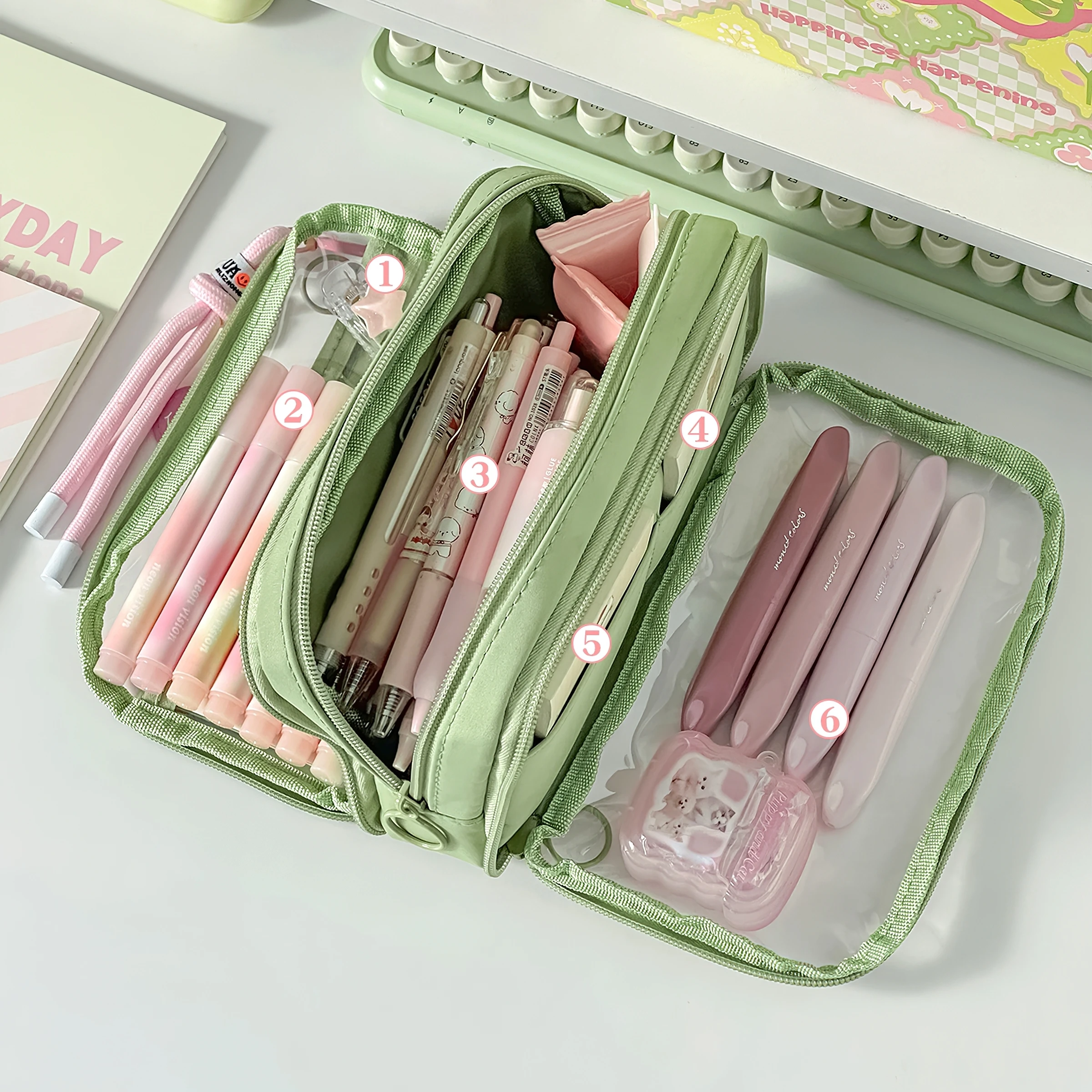 Dual-side Transparent Pencil Bag Pen Case 4 Layer Multi Pocket Storage Pouch for Stationery School A7628