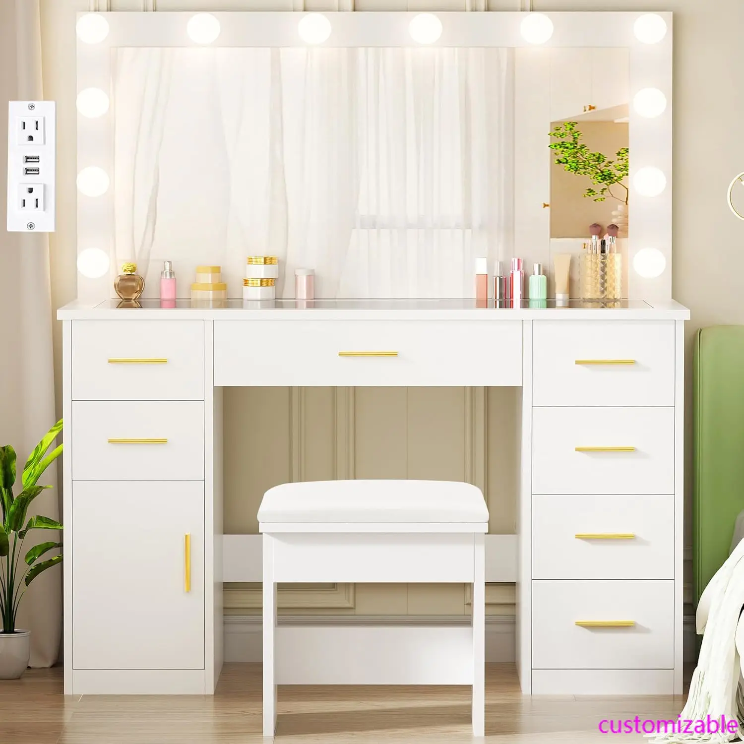 Oświetlana toaletka z białym lustrem, szklanym blatem, gniazdem elektrycznym i 7 szufladami do przechowywania, dostępna w 3 opcjach kolorystycznych.
