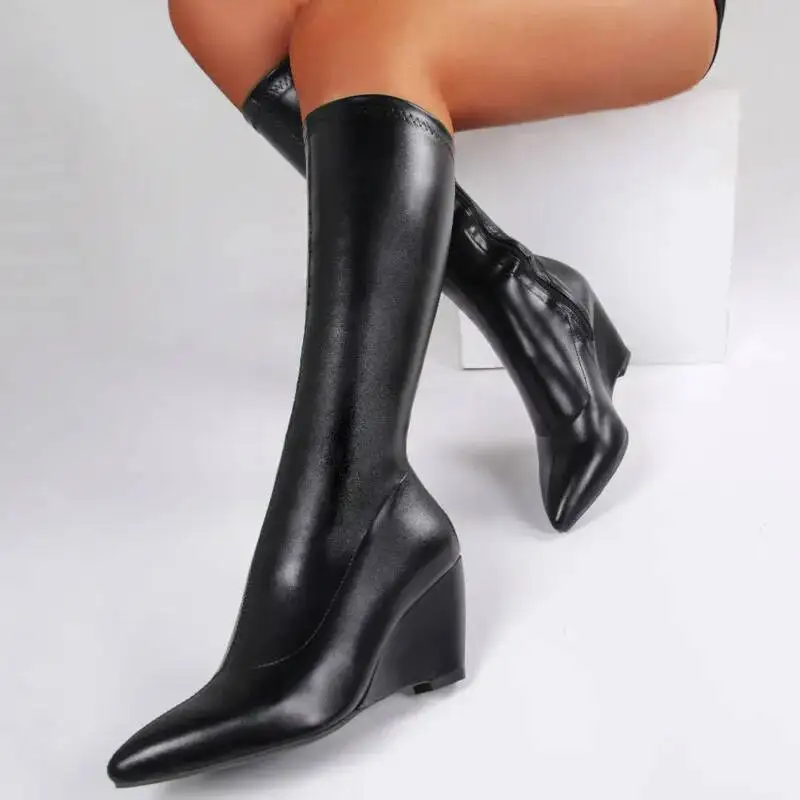 

Black Wedges High Heels Mid Women's Boots Pu Leather Pointed ToeLadies Shoes
