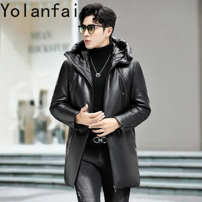 YOLANFAIRY Sheepskin Real Leather Jackets Mid-length Thickened Plush Mens Down Jacket Winter Clothes Black Trench Coat for Men