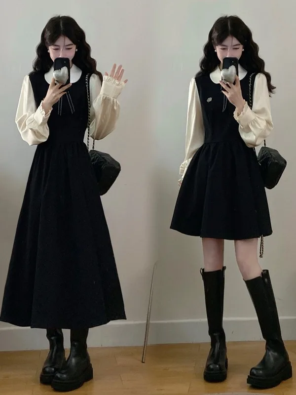 

plus Size Women's College Sle Long Sve Doll Collar Dr A-Line Skirt Waist Cinching Autumn Winter New Faion High Waist