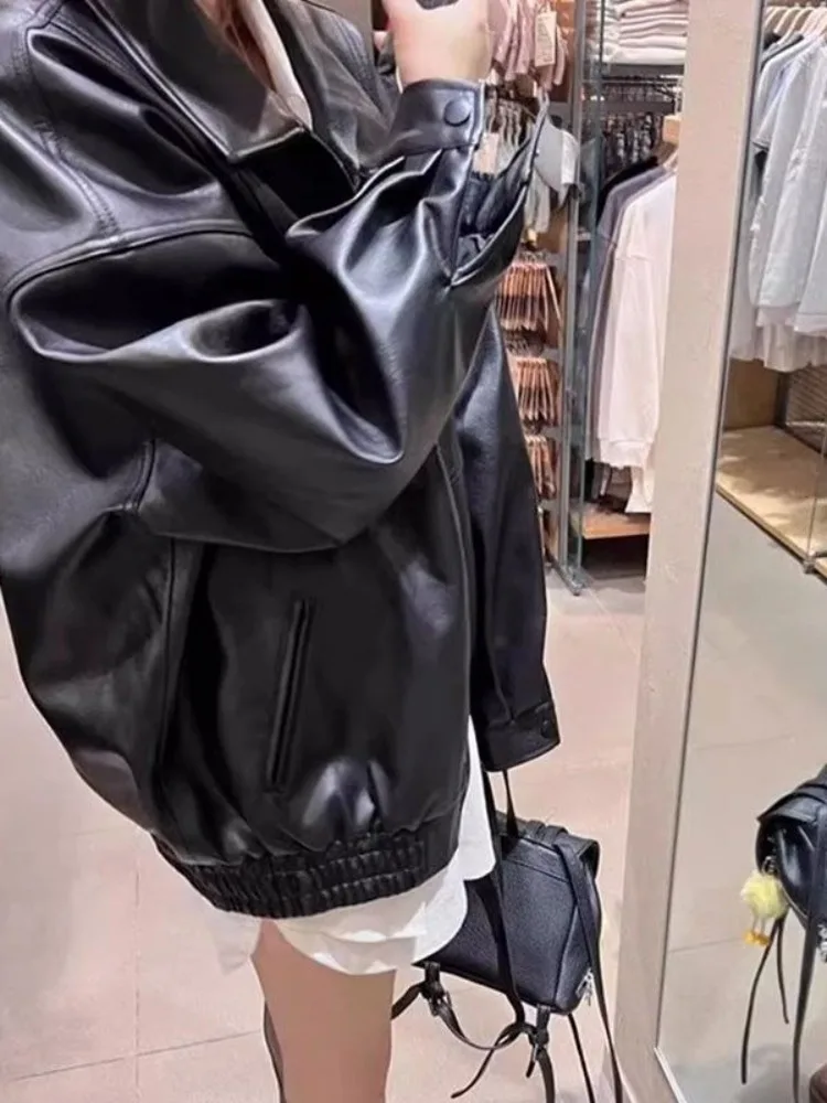 Czarna Luźna Kurtka Skórzana PU Damska Motocyklowa Kurtka Skórzana na Zamek Damska Koreańska Kurtka Skórzana w Stylu High Street Jesień 2025