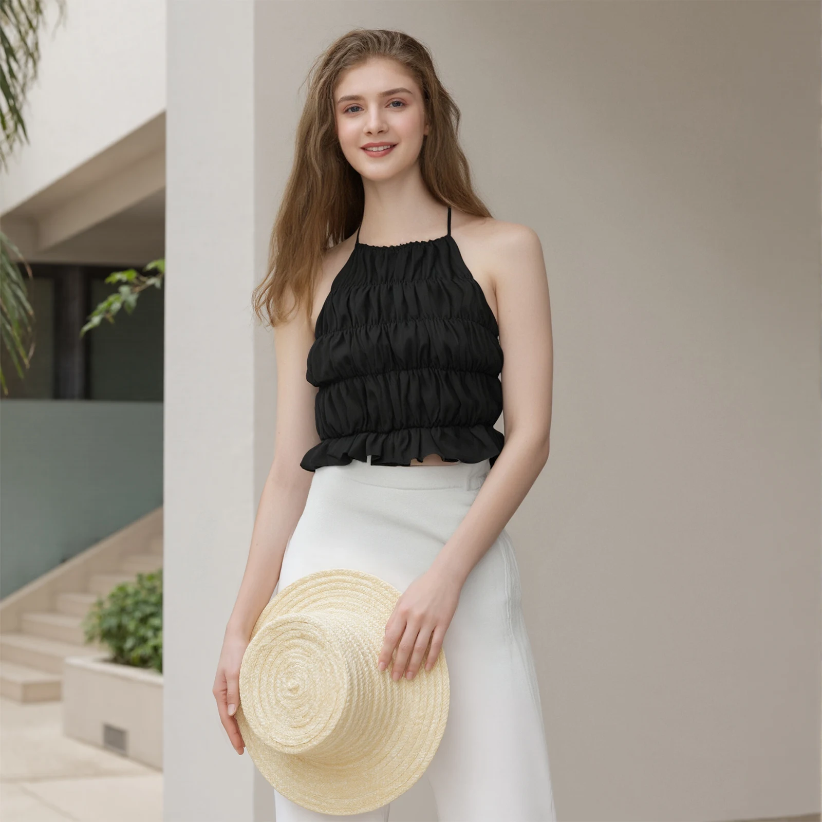 

Fashion Sexy Women's Halter Tops Summer Stylish Solid Ruffled Trim Back Bow Tie Backless Sleeveless Vest for Beach Vacation