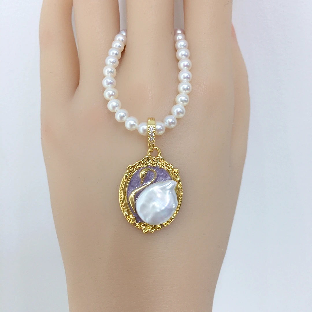 ZHBORUINI 2024 New Natural Pearl Necklace Monet Garden Medieval Oil Painting Style Swan Shaped Baroque Universal Buckle Pendant