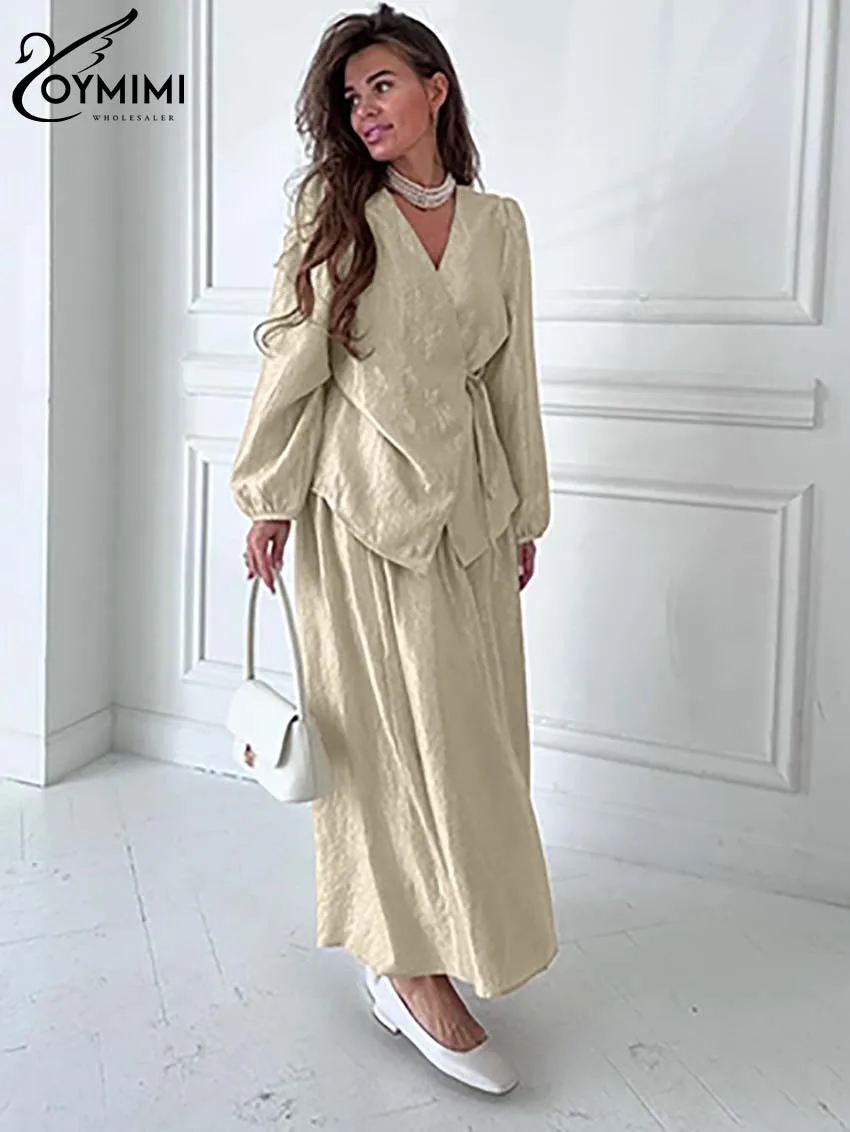 Oymimi Fahsion Khaki Loose Two Piece Set For Women Causal Long Sleeve V-Neck Lace-Up Shirts And High Waist Pleated Skirts Sets