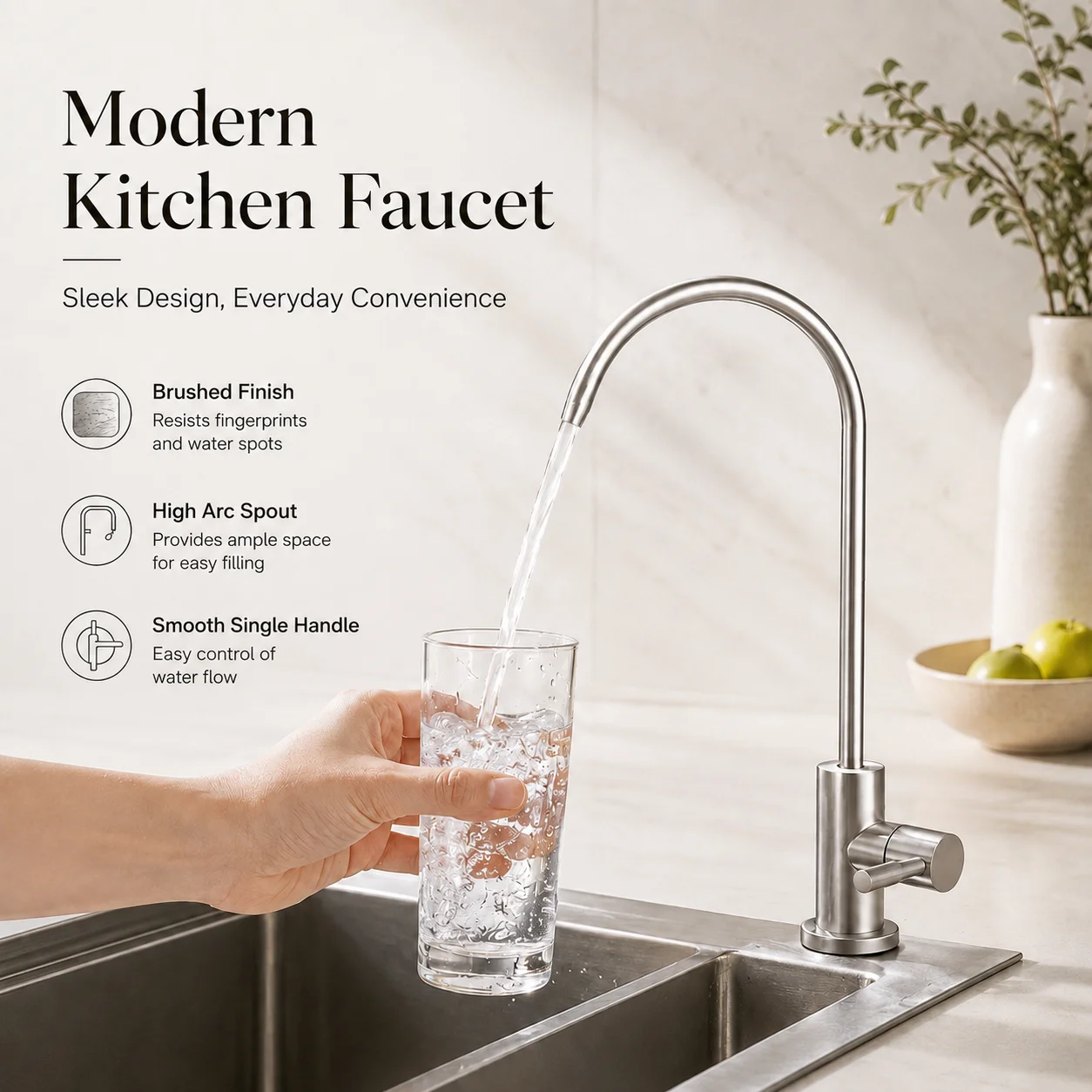 Stainless Steel Water Filter Faucet, Single Cold Water Kitchen Sink Tap, High Arc Gooseneck, Single Handle, Deck Mounted