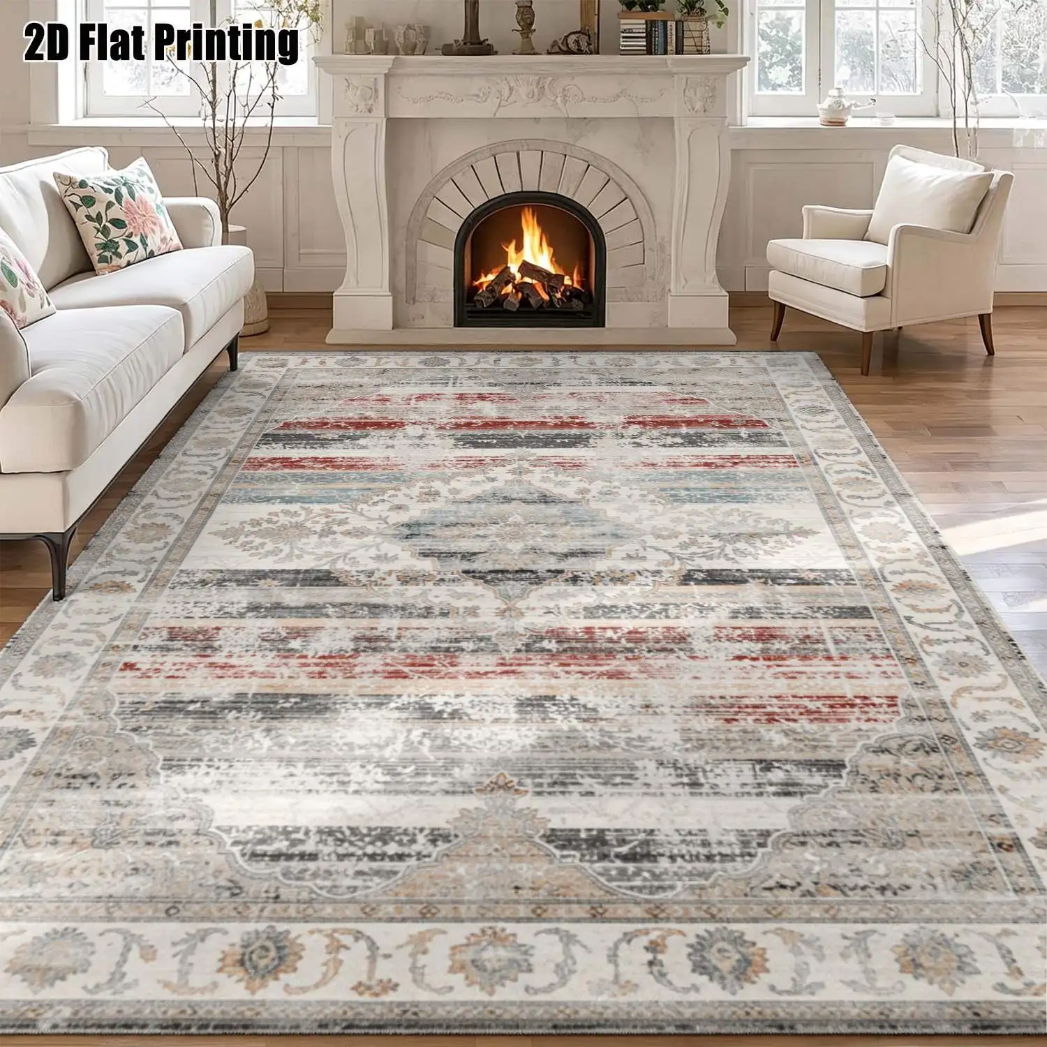 1Pc 2D Printed Carpet: Dark Grey Base, Brown-Tone Retro Scroll Floral Pattern European/Retro/Bohemian Style, Home Decor, Multiple Sizes, Machine Washable, Multi-Scene Use.