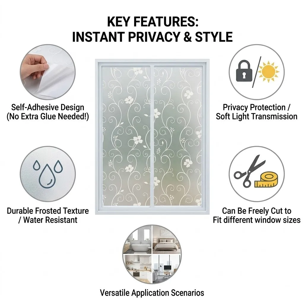 Frosted Self‑Adhesive Window Film Elegant White Curly Vine Floral Design Privacy Protection Glass Sticker Removable Home Window