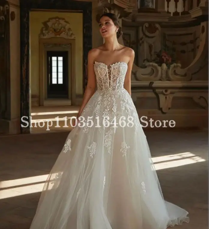 Luxury Applique Wedding Dresses White Sweetheart Neck Sheer Tulle A Line Formal Occasion Wedding Dresses Vestidos Novias Boda