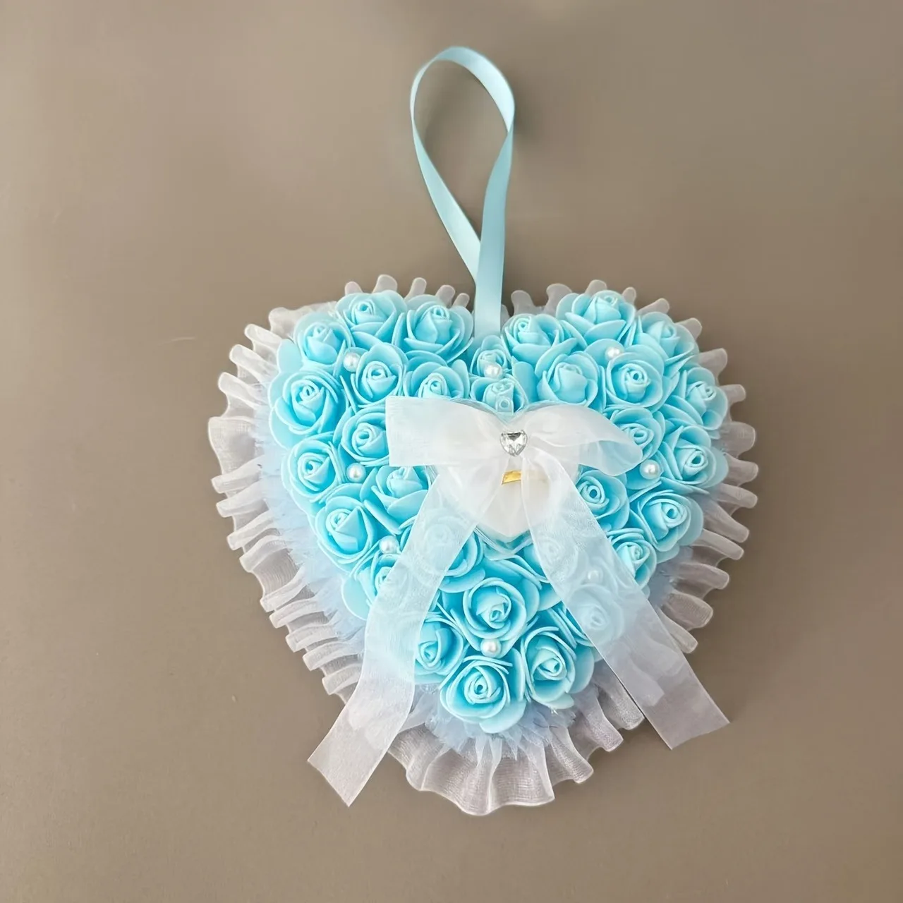 블루 하트 웨딩 링 베개 - 공주 스타일 충전 폼 패드, 프로포즈, 약혼, 발렌타인 데이 및 크리스마스